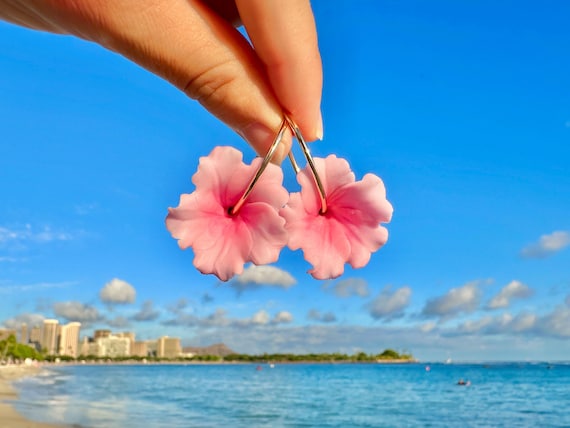 Pink Hibiscus 18K Gold Filled Hoop Earrings Hawaiian Clay Flowers