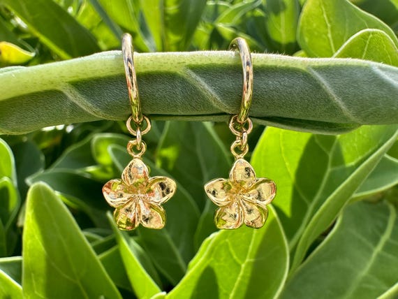 Plumeria Flower Hawaiian Frangipani Charm 18K Gold Filled Hoop Earrings