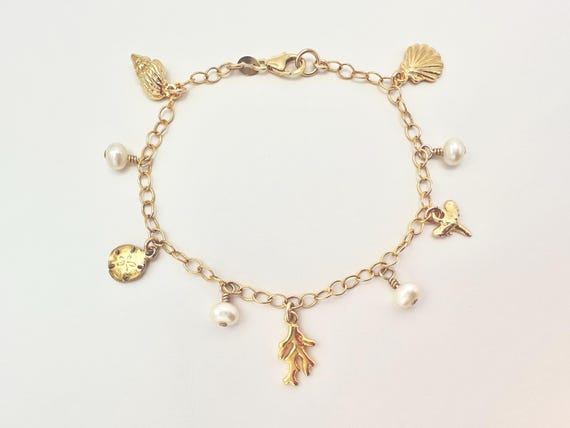 Ocean Inspired Charms and Freshwater Pearl Bracelet on 14K Gold Filled Chain