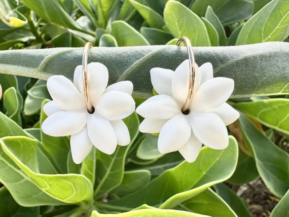 White Pikake 18K Gold Filled Hoop Earrings Hawaiian Jasmine Clay Flowers