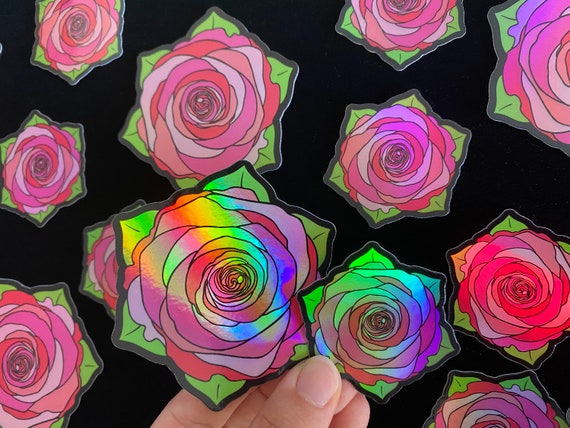 Holographic Pink Rose Vinyl Die Cut Sticker