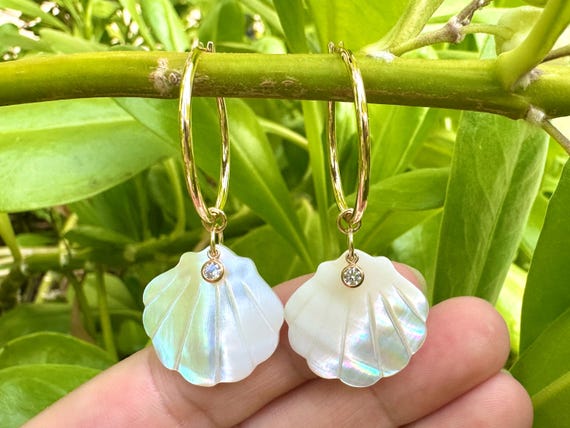 Mother of Pearl Scallop Shell with Sparkling Cubic Zirconia Charm 18K Gold Filled Hoop Earrings