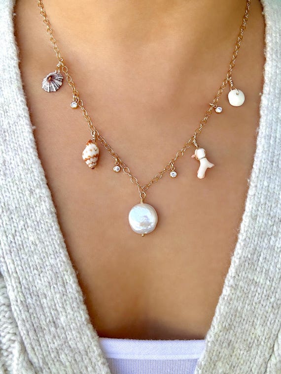 Freshwater Pearl Coin, Handpicked Shells, Coral and Sparkling Cubic Zirconia Charm Necklace on 14K Gold Filled Chain