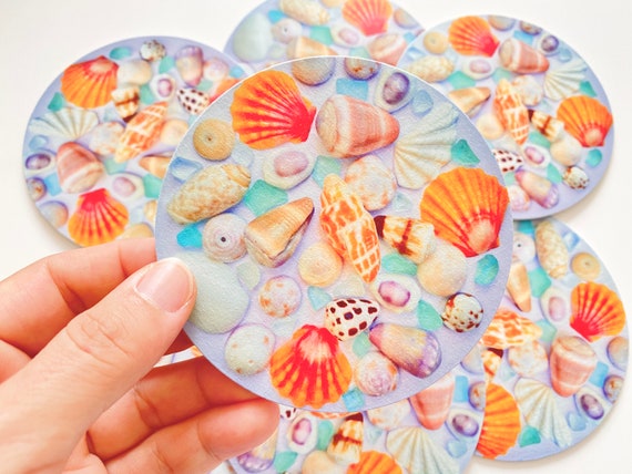 Shell Coasters - Sunrise, Cowrie, Hebrew, Hawaiian Cone, Clam, Puka, Teal Green Blue Sea Glass Pieces - Set of 5