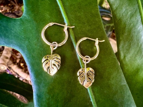 Monstera Leaf Charm 18K Gold Filled Hoop Earrings