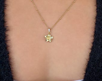 Plumeria Flower Hawaiian Frangipani Charm Necklace on 14K Gold Filled Chain
