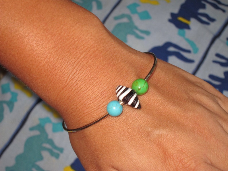 Zebra Cone Shell with Blue and Green Turquoise Hammered Bangle