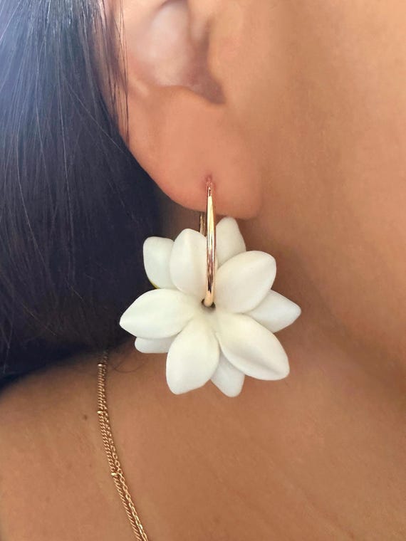 White Pikake 18K Gold Filled Hoop Earrings Hawaiian Jasmine Clay Flowers