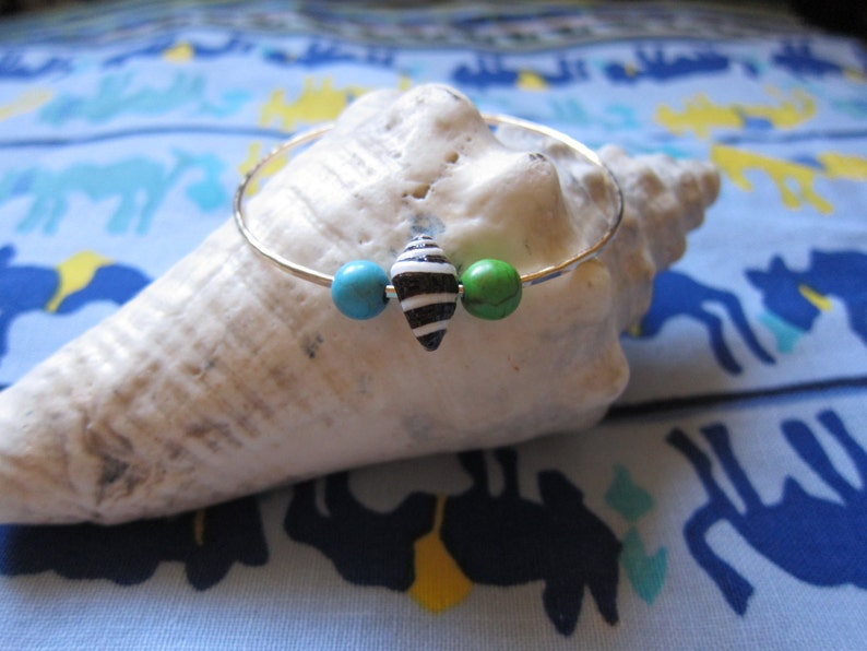 Zebra Cone Shell with Blue and Green Turquoise Hammered Bangle