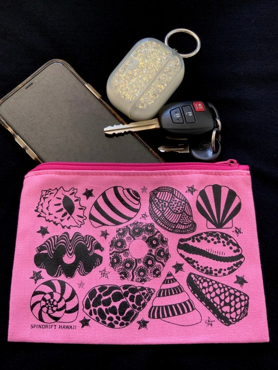 Pink Canvas Sea Shell Screen Print Zip Pouch Lightweight
