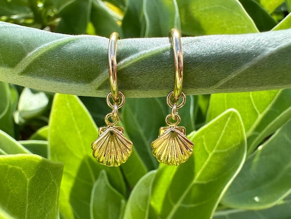 Small Scallop Shell Charm 18K Gold Filled Hoop Earrings