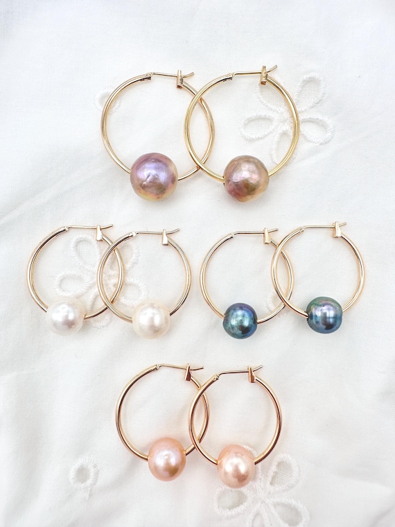 Floating Freshwater Pearl 18K Gold Filled Hoop Earrings