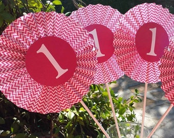 Pink Chevron Centerpieces, Pink Party Paper Fans, Pink First Birthday, Pink Rosettes, Pink Chevron Decor, First Birthday Decor