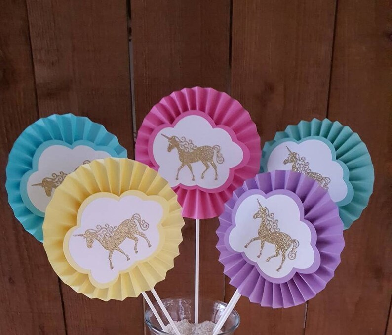 UNICORN PARTY, 5 gold Unicorn Decor, Unicorn Party Decor, Unicorn Rosettes, Unicorn Party Fans, Unicorn Shower Decor, Unicorn Decorations 画像 1