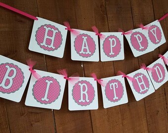 Pink Grey HAPPY BIRTHDAY Banner Sign, Pink Polka Dot Banner, Gray Pink Happy Birthday, Happy Birthday Sign, Girl Birthday Banner, Party,