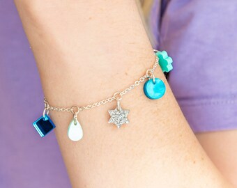 Charm Bracelet, Minimalist Tiny Charms, Blue Green, Dainty Cute, Jewellery Gift For Her, Silver Plated, Colourful Jewellery