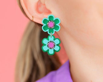 Floral Statement Earrings, Funky Jewellery, Dopamine Dressing, Colourful Fashion, Unique Gift, Green Purple Silver Glitter, Double Flower