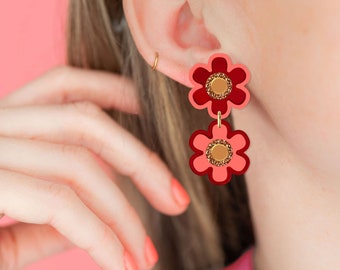 Flower Statement Retro Earrings, Red Pink Gold Glitter, Bold Colourful Jewellery, Unique Gifts for Her, Party, Dopamine Dressing, Christmas