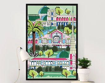 Alexandra Palace London Illustration, Green Colourway, Colourful Housewarming Gift, Cute Wall Art, Birthday Gift, Fun Interior Decor.