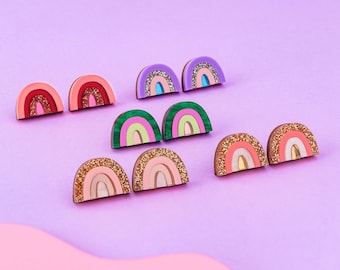 Rainbow Stud Earrings, Funky Colourful Jewellery, Modern, Cute, Birthday Gift for Her, Multi Colour, Glitter, Christmas Gift.