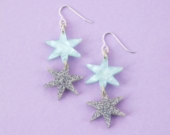 Star Dangle Earrings, Mother's Day Jewellery Gift For Her, Silver Glitter, Blue Pearl Jewellery, Birthday Jewellery