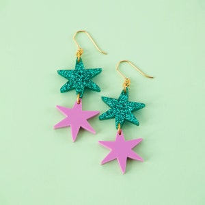 Star Dangle Earrings, Jewellery, Mother's Day Jewellery Gift For Her, Emerald Glitter, Purple, Jewellery image 1