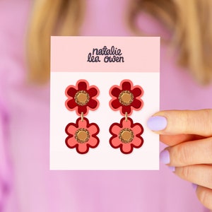 Flower Statement Retro Earrings, Red Pink Gold Glitter, Bold Colourful Jewellery, Unique Gifts for Her, Party, Dopamine Dressing, Christmas image 3