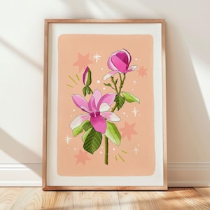 Bonita obra de arte botánica para pared, ilustración floral peculiar dibujada a mano, póster rosa colorido, magnolia, regalo para amantes de las plantas, regalo de inauguración de la casa para ella