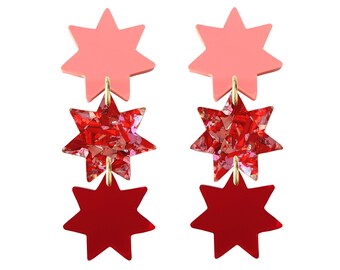 Handmade Red Triple Star Dangle Earrings, Mother's Day Jewellery Gift For Her, star, statement earrings