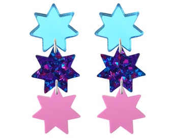 Handmade, Midnight Disco Triple Star Dangle Earrings, Jewellery Gift for her.