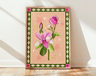 Impresión de arte botánico, verde melocotón, magnolia, póster colorido para pared, decoración brillante para el hogar, naturaleza, impresión de regalo para amantes de las plantas, borde estampado.
