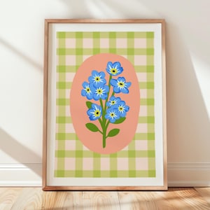 Floral Gingham Art Print, Handrawn Quirky Illustration, Abstract Maximalist Art, Colourful Poster Wall Art, Nature Lover Gift For Her Print