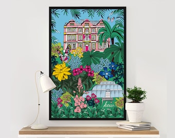 Kew Gardens Art Print, London Illustration, Wall Art, Colourful Home Decor, Tropical, Botanical, Birthday, New Home Gift for Plant Lovers.