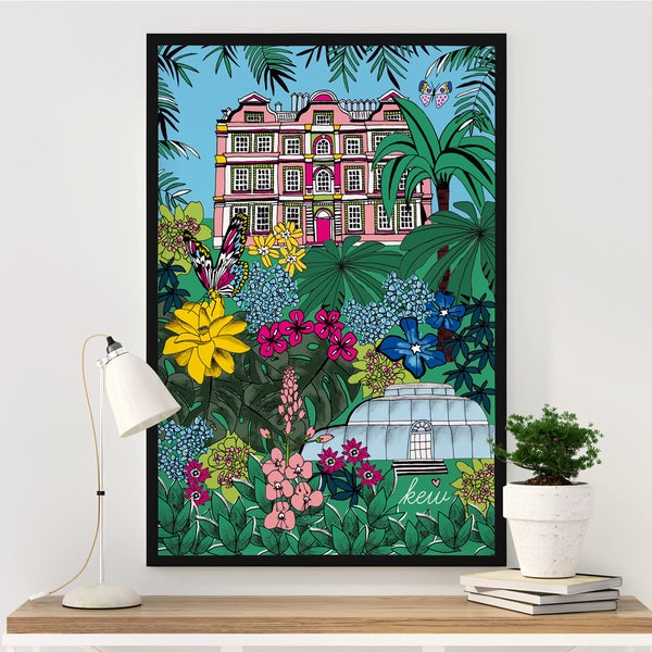 Kew Gardens Art Print, London Illustration, Wall Art, Colourful Home Decor, Tropical, Botanical, Birthday, New Home Gift for Plant Lovers.