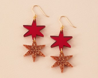Star Dangle Earrings, Mother's Day Jewellery Gift For Her, Red Mirror, Copper Glitter, Birthday Jewellery
