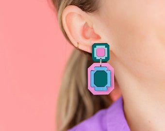 Gem Statement Large Earrings, Teal Purple, Fun Colourful Jewellery, Party Outfit, Unique Gift for Her, Dopamine Dressing