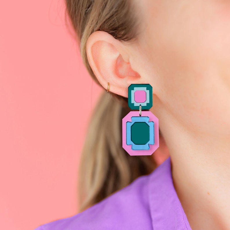 Gem Statement Large Earrings, Teal Purple, Fun Colourful Jewellery, Party Outfit, Unique Gift for Her, Dopamine Dressing image 1