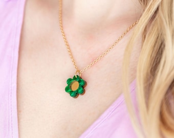 Daisy Necklace, Green, Cute Colourful Unique Handmade Jewellery, jewellery Gift for Her, Gold Plated, Jewellery