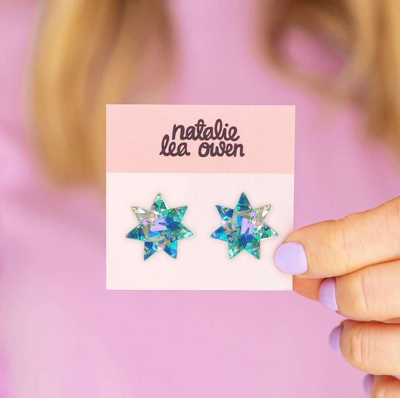 Star Stud Earrings, Glitter Sparkle, Colourful Jewellery, Kitsch, Jewellery Gift For Her, Jewellery image 1