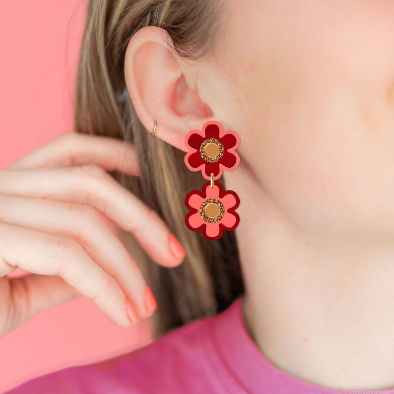 Flower Statement Retro Earrings, Red Pink Gold Glitter, Bold Colourful Jewellery, Unique Gifts for Her, Party, Dopamine Dressing, Christmas image 1