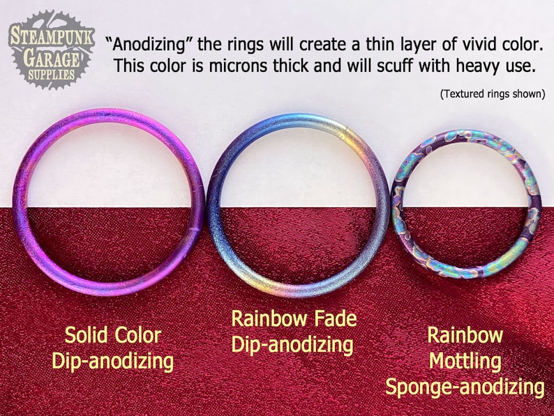 May include: Three metal rings with different finishes: solid color, rainbow fade, and rainbow mottling. "Anodizing" the rings will create a thin layer of vivid color. This color is microns thick and will scuff with heavy use. (Textured rings shown)