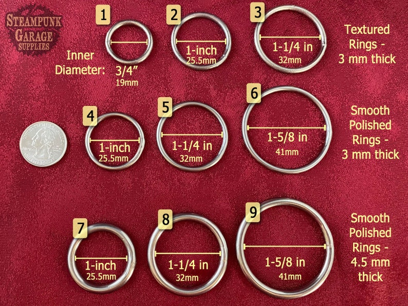 May include: Nine silver metal rings of different sizes, labeled with numbers 1 through 9. The rings are on a red background. The rings are measured in inches and millimeters. The rings are described as textured or smooth polished. The rings are 3 mm or 4.5 mm thick.