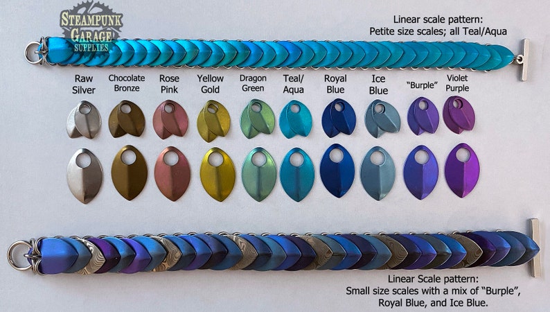 May include: Two rows of metal scales in various colors, including raw silver, chocolate bronze, rose pink, yellow gold, dragon green, teal/aqua, royal blue, ice blue, "burple", and violet purple. The scales are arranged in a linear pattern. The top row is labeled "Petite size scales; all Teal/Aqua". The bottom row is labeled "Small size scales with a mix of "Burple", Royal Blue, and Ice Blue."