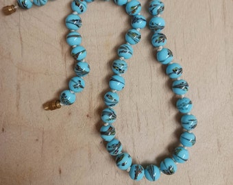 Vintage Blue Glass Splatter Bead Necklace