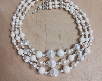 Vintage Japan White Satin 3 Strand Beaded Necklace