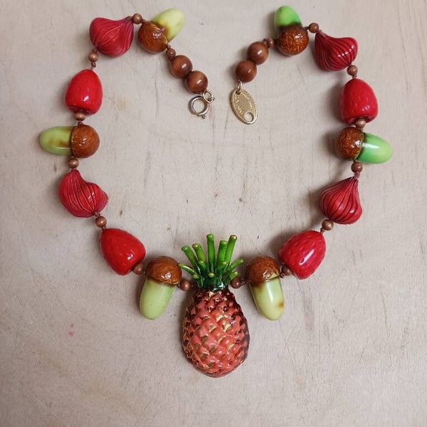 Vintage RARE Bozart Enamel Pineapple Pendant Beaded Necklace with Acorns Strawberries Shallots