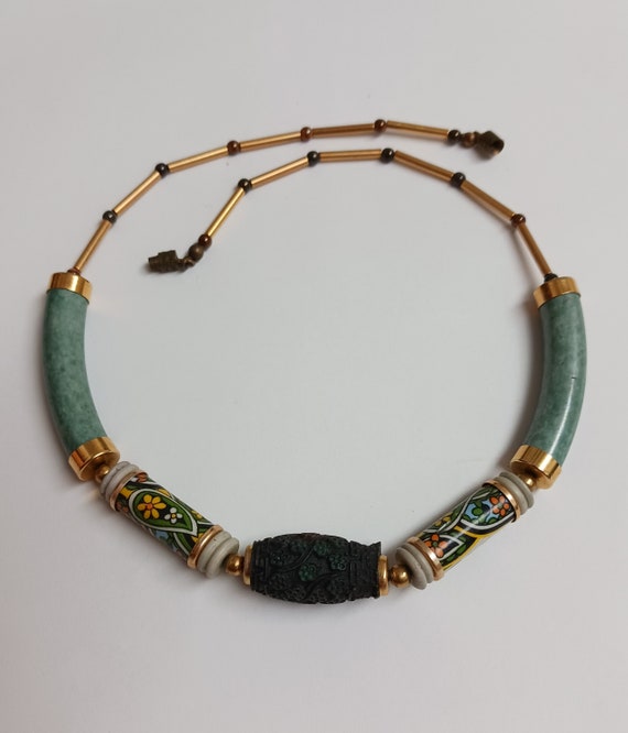 Unique Vintage Ceramic Jade Tube Beaded Necklace - image 2