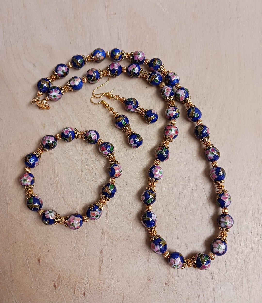 Blue Cloisonné Beaded Necklace With Gold Crystal main image 1