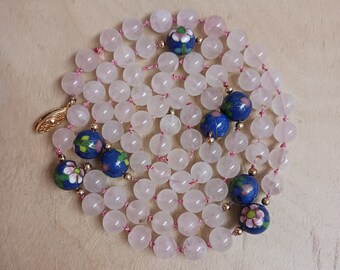 Vintage Lucoral Cloisonne Rose Quartz Beaded Necklace