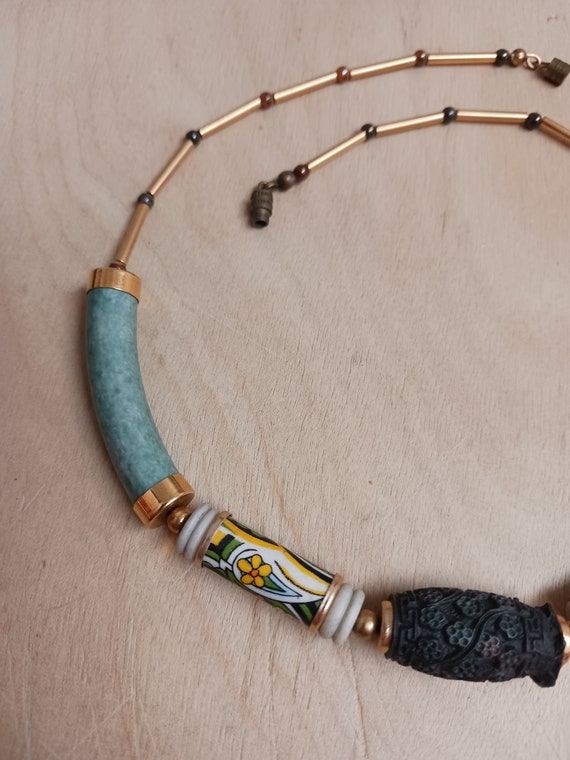 Unique Vintage Ceramic Jade Tube Beaded Necklace - image 9